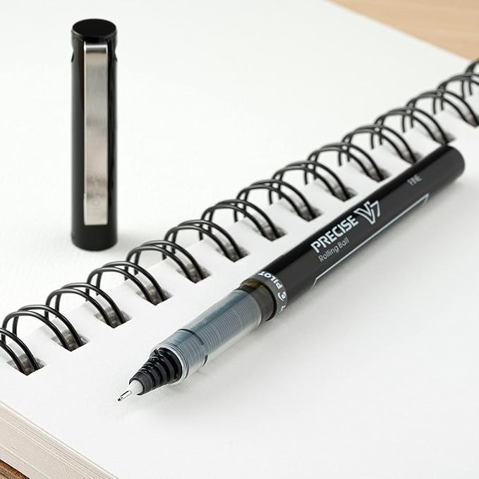 Precise V7 Stick Rolling Ball Pens, Fine Point (.7mm), Black Ink, 6-pk; Bundle with Plastic Reusable Pouch