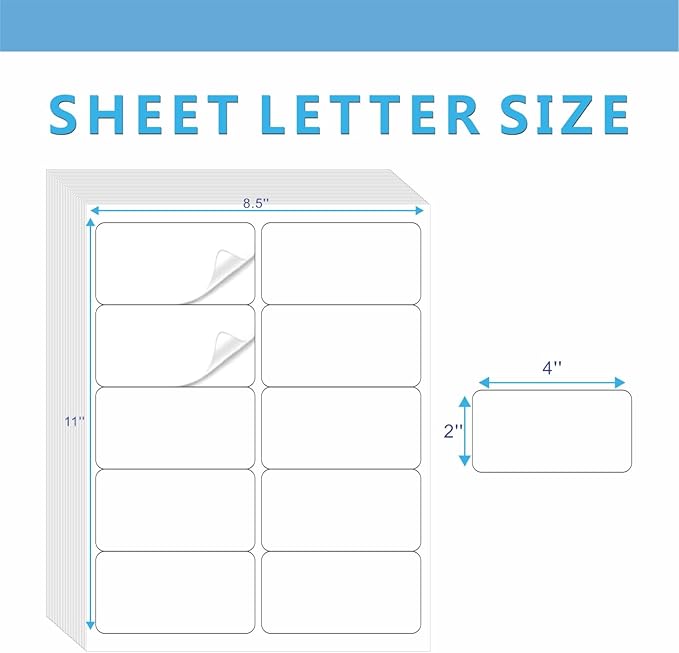 Premium 10 UP 2" x 4" Shipping Labels, 1000 Mailing Labels for Envelopes, Laser/Ink Jet Printer Compatible, White Paper Printable Stickers