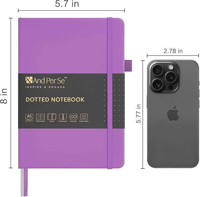 &And Per Se Dotted Journal Notebook, A5 Hardcover Bullet Dotted Journal, 160 Pages 100 gsm Thick Dotted Paper, 3 Sheets of Stickers Included - 5.7'' x 8''(Violet)