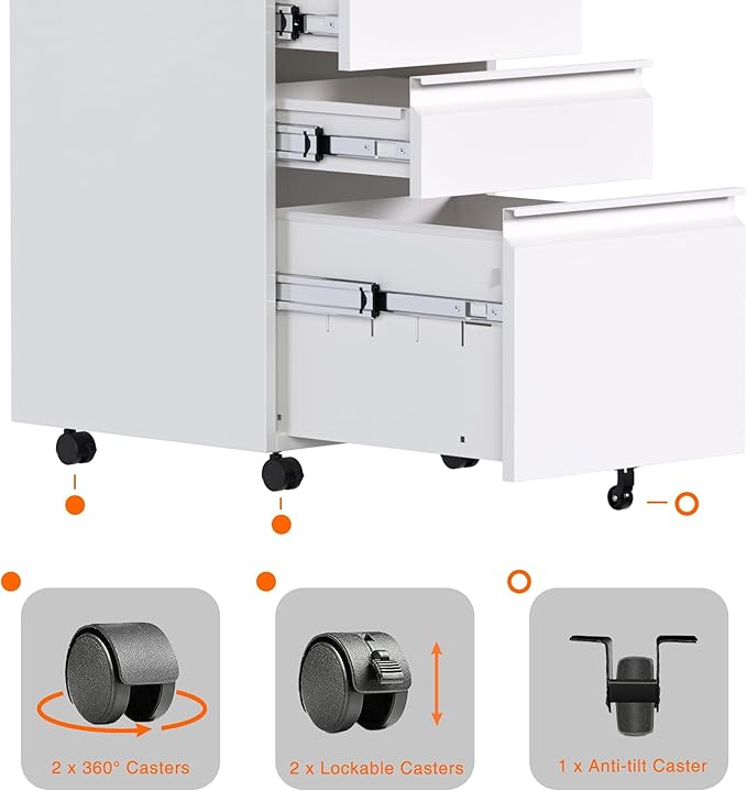 Aobabo Metal 3 Drawer Mobile File Cabinet with Lock, Under Desk Metal Filing Cabinet wiht Wheels, 23.6''H A4/Legal/Letter Size Storage Cabinet, Fully Assembled Except Wheels,White