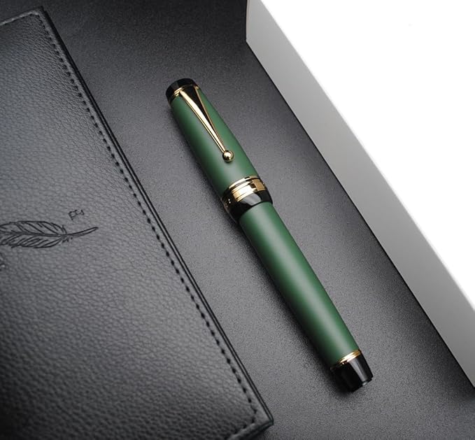 Metal Big Fountain Pen Set Medium Nib 0.7mm, Includes Ink Refill Converter, 5 Ink Cartridges & Gift Box (Medium Nib 0.7mm, Matte Green)