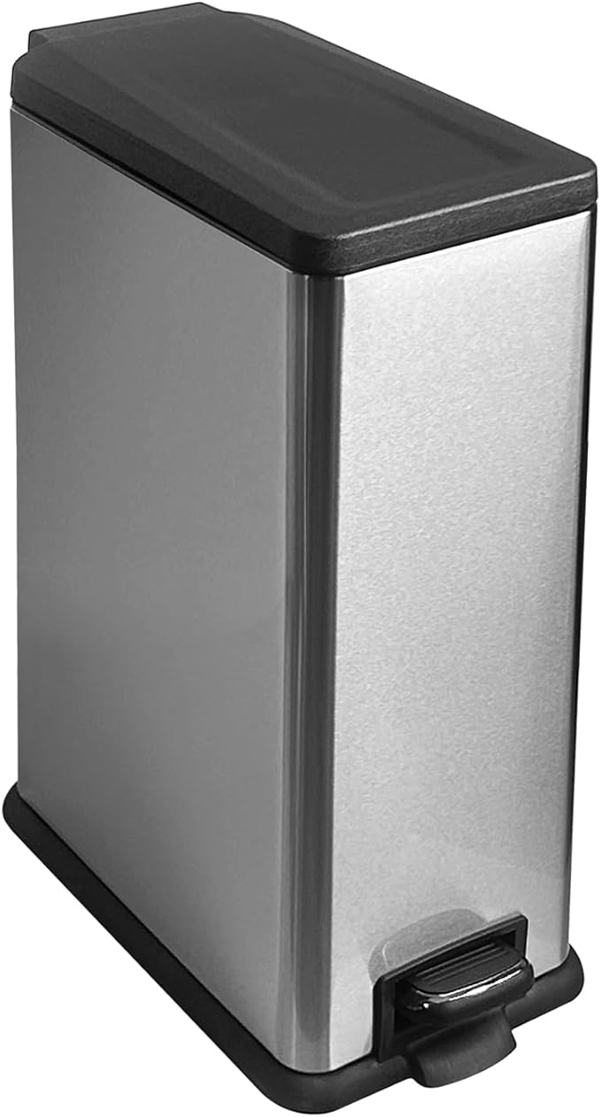 12 Gallon Trash Can with Lid,45L Kitchen Garbage Can,Stainless Steel Trash Can for Narrow Spaces with Soft-Close Lid, Inner Bucket, and Step-on Pedal