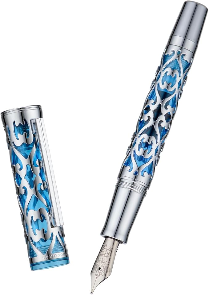 Hongdian D1 Piston Fountain Pen Fine Soft Nib, Silver Blue Hollow Skeleton & Resin Pen with Metal Case Set