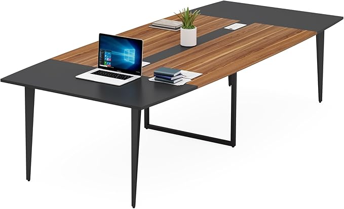 Tribesigns 8FT Conference Table, 94.48L x 47.24W x 29.52H Inches Boat Shaped Meeting Table with Rectangle Grommet, Modern Seminar Boardroom Table for Office Conference Room (8ft, Walnut & Black)