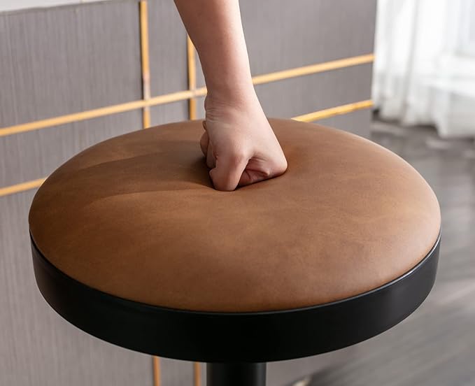 Round Swivel Counter Height Bar Stools Set of 1 Modern Adjustable Barstools Backless PU Leather Bar Chairs Industrial Island Chairs with Metal Base/Footrest for Kitchen Island/Pub/Bar, Brown