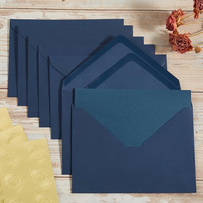 50 Pack Navy Blue A7 Envelopes with Cards 5x7 Thick Folded Cardstock and Gold Stickers for Greeting Cards, Wedding, Birthday, Invitations, Baby Showers (Navy Blue, 5x7)