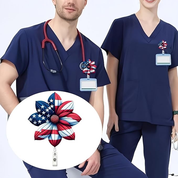 4th of July Flower Badge Holder Retractable with Acrylic Designs Nurse Badge Reel Blue Red Alligator Clip ID Card Patriotic Badge Clip for Teacher Student Independence Day Office Accessories