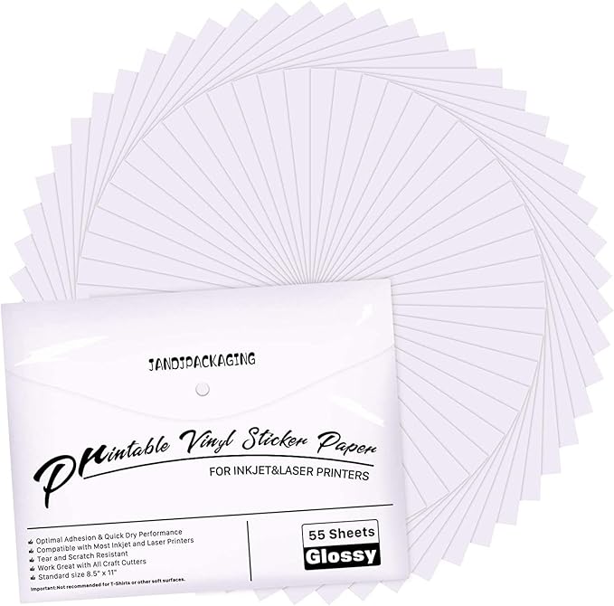 JANDJPACKAGING Premium Printable Vinyl Sticker Paper - for Inkjet and Laser Printer - 55 Pack Glossy White Waterproof Inkjet Printable Vinyl - 140 g Dries Quickly and Holds Ink Beautifully