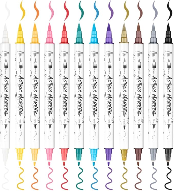 TRANSON 12 Colors Fine and Brush Dual-tip Acrylic Paint Marker Pen Set for Canvas Rock Wood Leather Ceramic DIY Painting