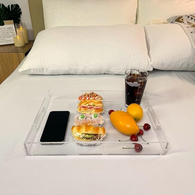 Clear Sturdy Acrylic Serving Tray with Handles-12x16Inch-Serving Coffee,Appetizer,Breakfast,Butler-Kitchen Countertop -Makeup Drawer Organizer-Vanity Table -Ottoman