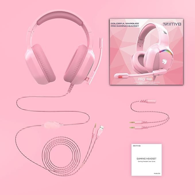 Gaming Headset with Microphone for Pc, Xbox One Series X/s, Ps4, Ps5, Switch, Stereo Wired Noise Cancelling Over-Ear Headphones with Mic, RGB, for Computer, Laptop, Mac, Nintendo, Gamer (Pink)