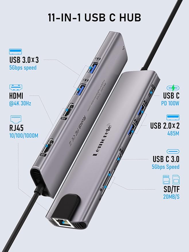 Lemorele Aluminium USB C Laptop Docking Station Dual Monitor 11 in 1 Hub Adapter w/ 2 HDMI 4K, 100W PD, Gigabit Ethernet, SD/TF, 4 USB3.0/USB2.0, USB C 3.0, for Dell HP Lenovo Surface Typc C Laptop