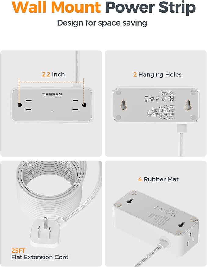 Flat Plug Extension Cord 25 ft, TESSAN Surge Protector Power Strip with 4 AC Outlets 1 USB C and 2 USB A Ports, 900 Joules Protection, Multiple Wall Outlet Extender for Home Office Dorm Essentials