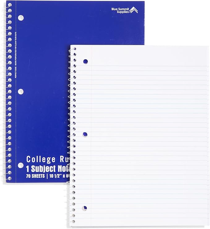 Blue Summit Spiral Notebooks Bulk, One Subject Spiral Notebook College Ruled, Perforated Notebook, 8 x 10.5 for Work and School, Paper, College Ruled, Bulk 12 Pack