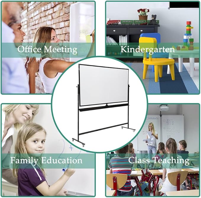 72" x 48" Double-Sided Mobile Whiteboard with Stand, Extra Large Rolling Magnetic Dry Erase Board, Reversible Black Frame Whiteboard for Office, Classroom, Heavy-Duty Presentation Easel