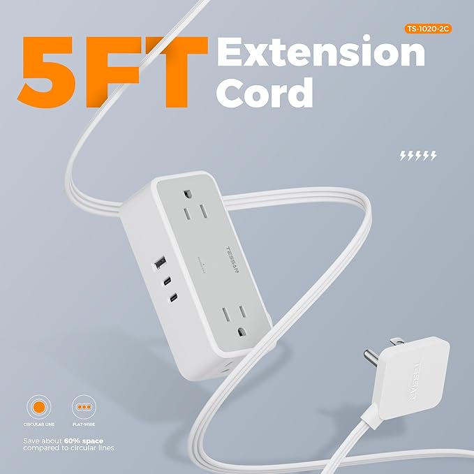 Flat Plug Extension Cord 5 FT, TESSAN Surge Protector Power Strip with 4 AC Outlets 3 USB Ports(2 USB C), 900 Joules Protection, Suitable for Home Office Dorm, Desk Organizers and Accessories