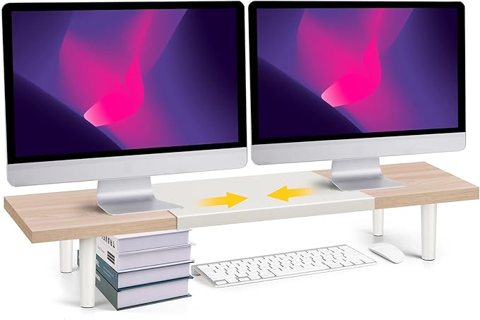 Dual-Monitor-Stand-Riser-For-Desk Adjustable Length 32-40 Inch,Large Desktop Computer Monitor Riser For 2 Screens,Desk Shelf Organizer Riser Stand For Computer/Laptop/PC/Printer/TV Maple