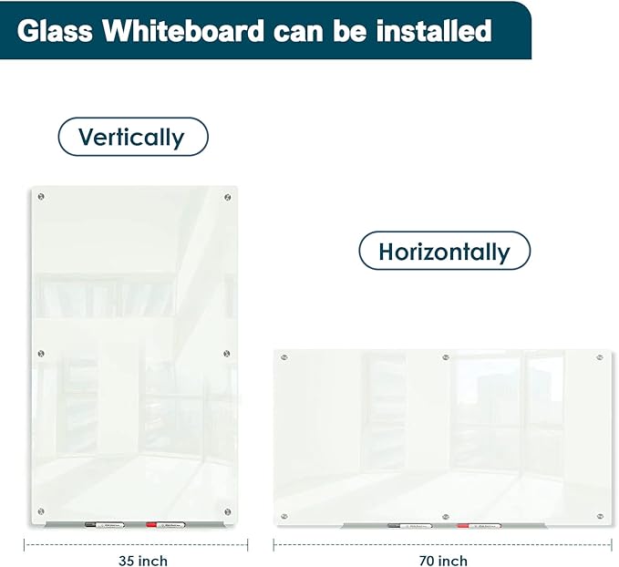J&J worldwide Glass Dry Erase Board 6' x 3', Glass Whiteboard Magnetic, Large Frameless Glass White Boards for Walls, Includes Magnets, Marker Tray, Eraser for Office, Home, School