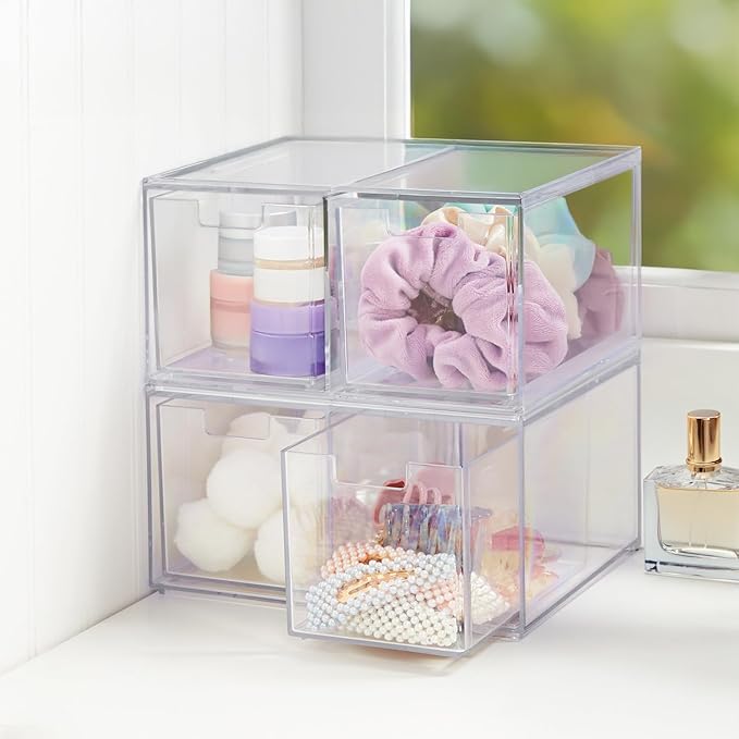 STORi Chloe Space-Saving Clear Drawer Organizer (4 Tall Drawers) Sort Office, Kitchen, Beauty Supplies, Makeup, Pens, Jewelry, Stationary, Made in USA