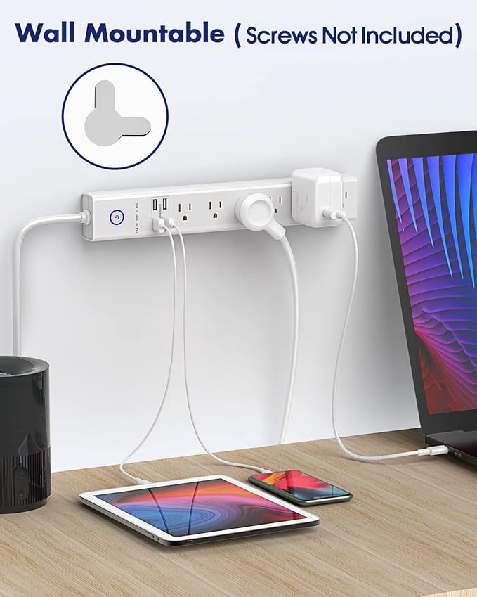 15 Ft Power Strip Surge Protector, 6 Outlets and 4 USB Ports, Flat Plug Power Strips Long Extension Cord with Overload Protection, Wall Mount for Home, Office, Dorm, ETL Listed White