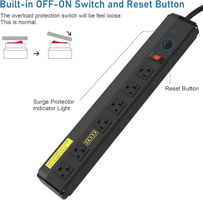 CCCEI Heavy Duty Power Strip Surge Protector 20 Amp, High Amp Industrial Shop Garage Metal Multiple Outlets, 10 FT 12 Gauge 5-15P Extension Cord 6 Outlet 6-20R T-Slot 20a for Appliance. Black.