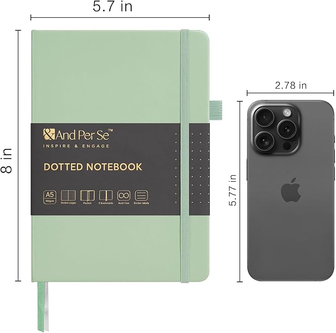 &And Per Se Dotted Journal Notebook, A5 Hardcover Leather Bullet Dotted Journal, 160 Pages 100 gsm Thick Dotted Paper,3 Sheets of Stickers Included - 5.7'' x 8''(Light Green)