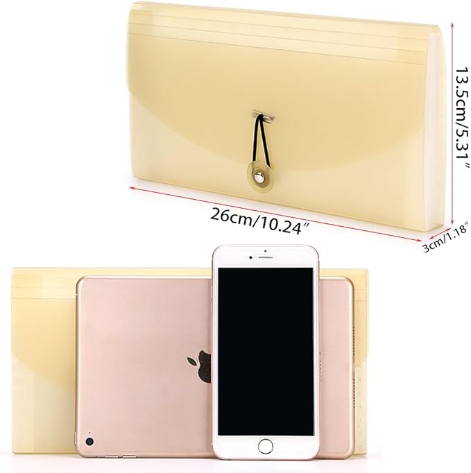 BTSKY Expanding File Folder - 13 Pockets, Small Accordion File Folder, Expandable Card Ticket Holder, Plastic Business Document Organizer, Khaki Translucent
