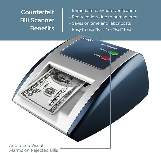 AccuBANKER D450 Counterfeit Money Checker Machine, Magnetic, Infrared, Watermark and Micro-Printing Detection in Less Than 1 Second with Audible and Visual Alert for Suspicious Bill