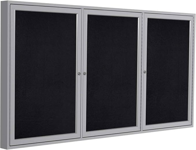 Ghent 36"x72" 3-Door indoor Enclosed Recycled Rubber Bulletin Board, Shatter Resistant, with Lock, Satin Aluminum Frame,Black (PA33672TR-BK) ,Made in the USA