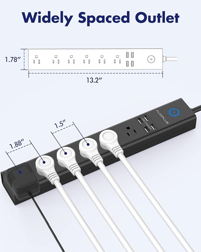 15 Ft Power Strip Surge Protector, 6 Outlets and 4 USB Ports, Flat Plug Power Strips Long Extension Cord with Overload Protection, Wall Mount for Home, Office, Dorm, ETL Listed Black