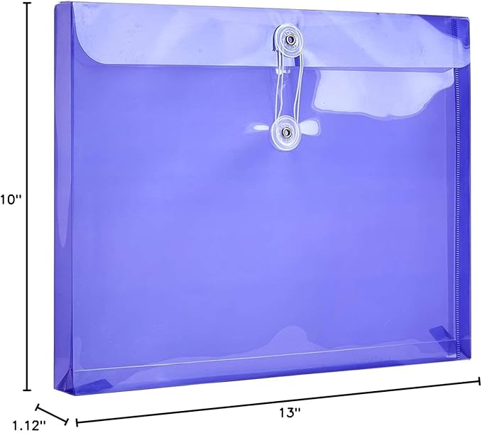 Plastic Letter Size Envelopes with Button & String Tie Closure, 1-1/6" Expansion, Side Load, Clear Poly Reusable File Folders Project Paper Documents Organizer for Office School & Home