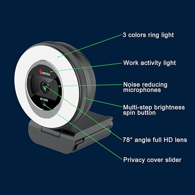 Angetube Webcam, 2K Streaming Webcam with Ring Light, HDR Laptop Camera with Remote, Dual Stereo Microphone and Privacy Cover, Auto Focus 5X Zoom in, Computer Camera for Zoom/Skype/Teams/Webex