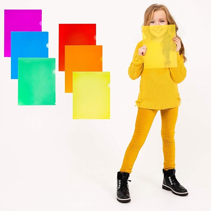 Dunwell Clear Plastic Folders Sleeves (36 Pack, Assorted Colors), Transparent Project Folders, Plastic Sleeves, Acid-Free Poly File Jackets for Documents, L-Sleeves for 8.5x11 Paper
