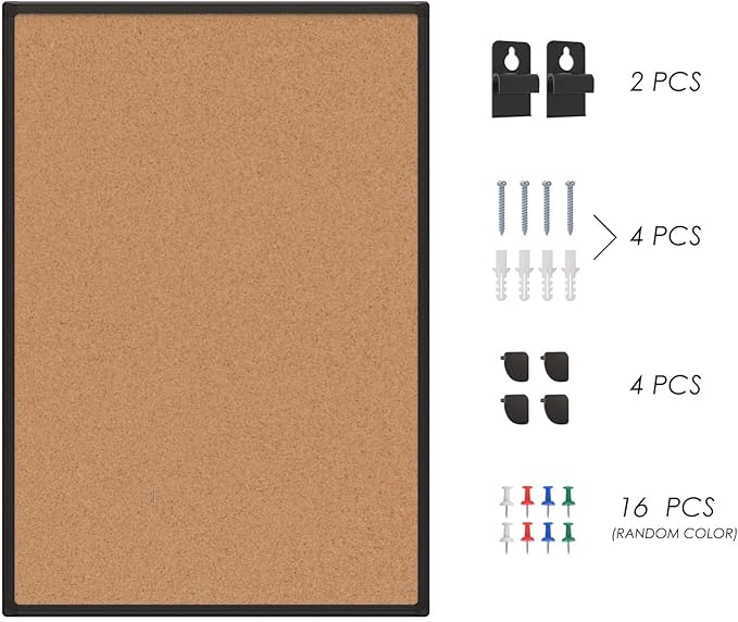 Board2by Cork Board Bulletin Board 20“ x 30”, Black Wood Framed Corkboard, Office Board for Wall Cork, Large Wall Mounted Notice Pin Board with 16 Push Pins for School, Home & Office