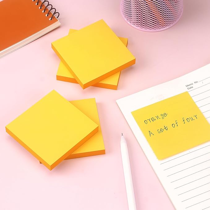 Sticky Notes 3x3 Self-Stick Notes Bright Colors Sticky Notes 4 Pads 100 Sheets/Pad (Orange)