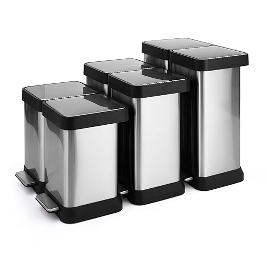 13 Gallon Dual Compartment Trash Can, 2 x 25L Fingerprint Resistant Stainless Steel Kitchen Garbage Can with 2 Soft-Close Lid & Foot Pedal for Kitchen Office Bathroom, Without Inner Bucke