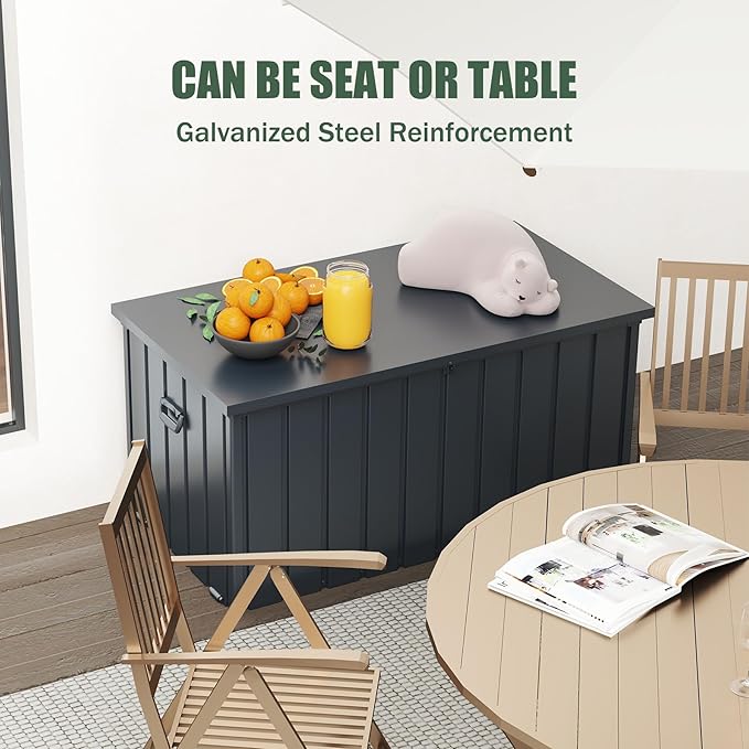 Domi Deck Box Outdoor 150 Gallon, Waterproof Lockable Steel Outdoor Storage Container for Outside Cushions, Garden Tools and Pools Equipment, Gray