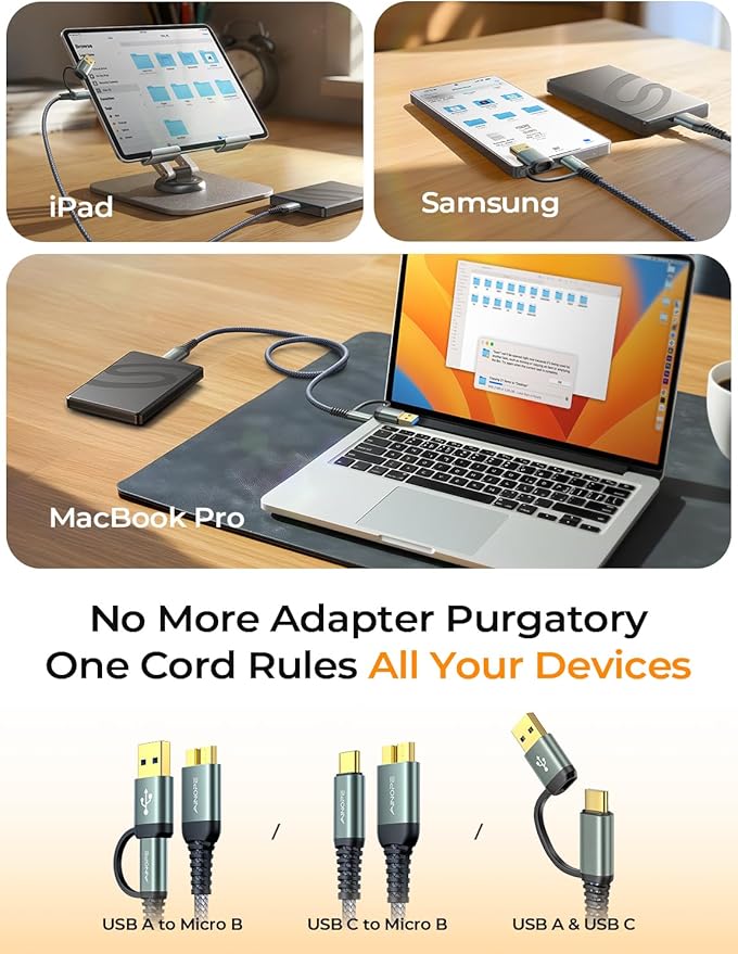 AINOPE 10Gbps Micro B to USB C External Hard Drive Cable 1.5FT, Nylon Braided External Hard Drive Cord Compatible with MacBook Pro/Air, Tablet/iPad, WD Seagate Toshiba Westgate, Samsung Galaxy S25