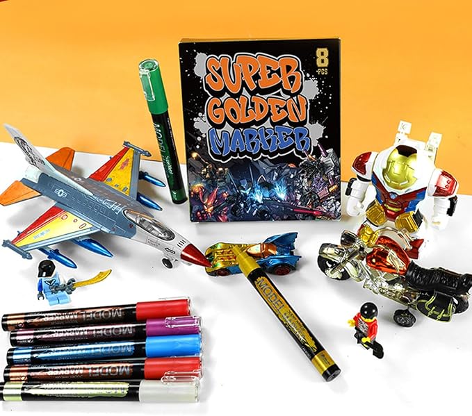 8-Color Glitter & Metallic Shimmer Acrylic Paint Markers - Chisel Tip 1-5mm, Permanent Super Golden Metallic Markers for Repairing, Model Painting, DIY Art Projects