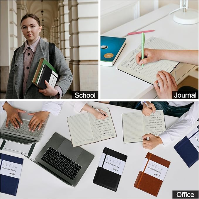 ZCZN 6 Pack Lined Journal Notebooks, 192 Pages A5 Hardcover Leather Journals for Work,Writing,School & Travel, College Ruled Journaling Notebooks for Notes Taking,Diary Journal (Black+Brown+Blue)*2