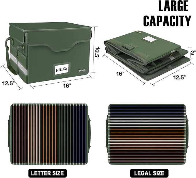 DocSafe File Box Fireproof Document Box with Lock,File Storage Organizer Box with Mesh Inserts&Zipper Lid,Collapsible Portable File Box Home Office File Cabinet with Handle for Hanging Folders,Green