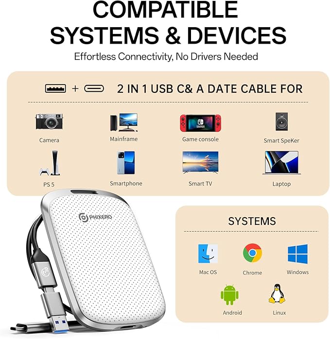 PHIXERO P5PLUS Portable SSD 1TB Up to 550MB/s, USB 3.2 Gen 2 External Solid State Drive,USB C to C&A for Smartphone,Tablet,PC,Labtop (White)