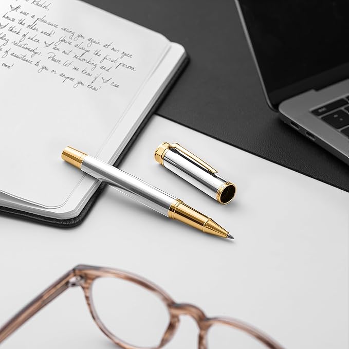 Luxury Rollerball Pen Set - Smooth Writing, Elegant Design, Quick-Drying, Refillable Liquid Ink, 2 Refills (Black, Blue), Ideal for Professionals, Students