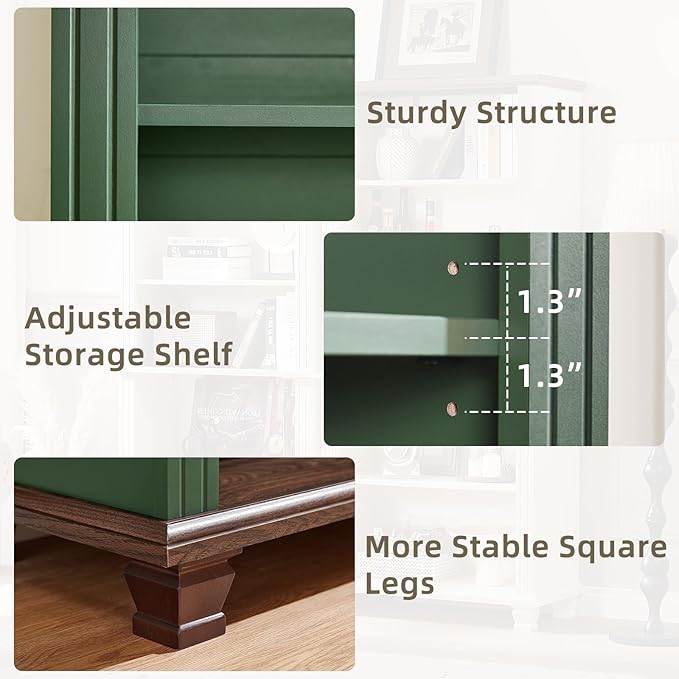 70" Tall Green Bookshelf,5 Tier Wooden Book Shelf with Adjustable Shelves & Wood Legs,Free Standing Farmhouse Bookcase with Open Display Storage,Vintage Bookshelves for Library, 2PCS