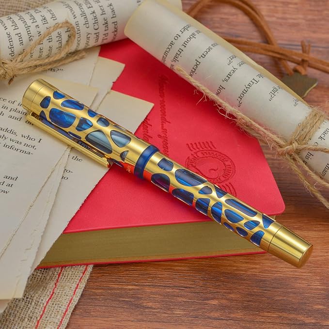 Asvine V169 Vacuum Filling Fountain Pen Fine Nib, Water Drop Skeleton Gold Trim Transparent Blue Acrylic Pen Case Set