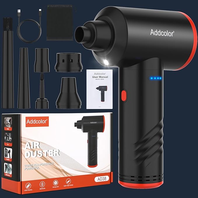 Compressed Air Duster 6000mAh Battery - Electric Air Duster Addcolor AD-38 Keyboard Cleaner for Office-3 Adjustable Wind Speeds with LED Light, Cordless & Reusable Canned Air Duster for Computers