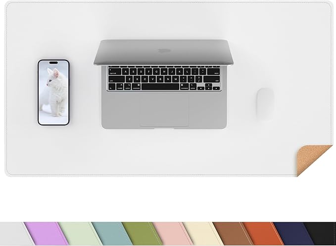 Leather Desk pad Protector, Large Desk mat with Natural Cork & PU Leather,Mouse pad,Non-Slip Office Desk Mat,Waterproof Desk Writing Pad for Office and Home (35in*17in, White)
