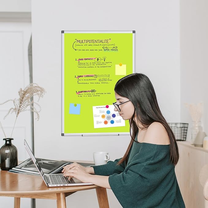 WALGLASS Magnetic Whiteboard 36"x24" Dry Erase White Board for Walls with Pen Tray, Aluminium Frame and Dry-Wipe Writing Surface for Kids' Drawing, Home, and Office (Green)
