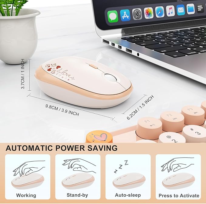 FOPETT Wireless Keyboard and Mouse Combo - 2.4G Full-Sized Cute Colorful Retro Keyboard with Round Keycaps 104 Keys Typewriter Keyboard for Laptop/Windows/PC - Milk Tea Colorful