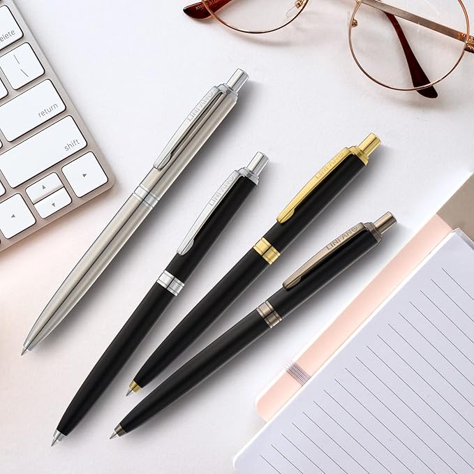 LINFANC 4 Pack Ballpoint Pens, Premium Retractable Metal Ballpoint Pen, Matte Black with Gold Trim, Medium Point 1.0mm Black Ink Pen for Home School Work Office Supplies, Extra 4 Refills